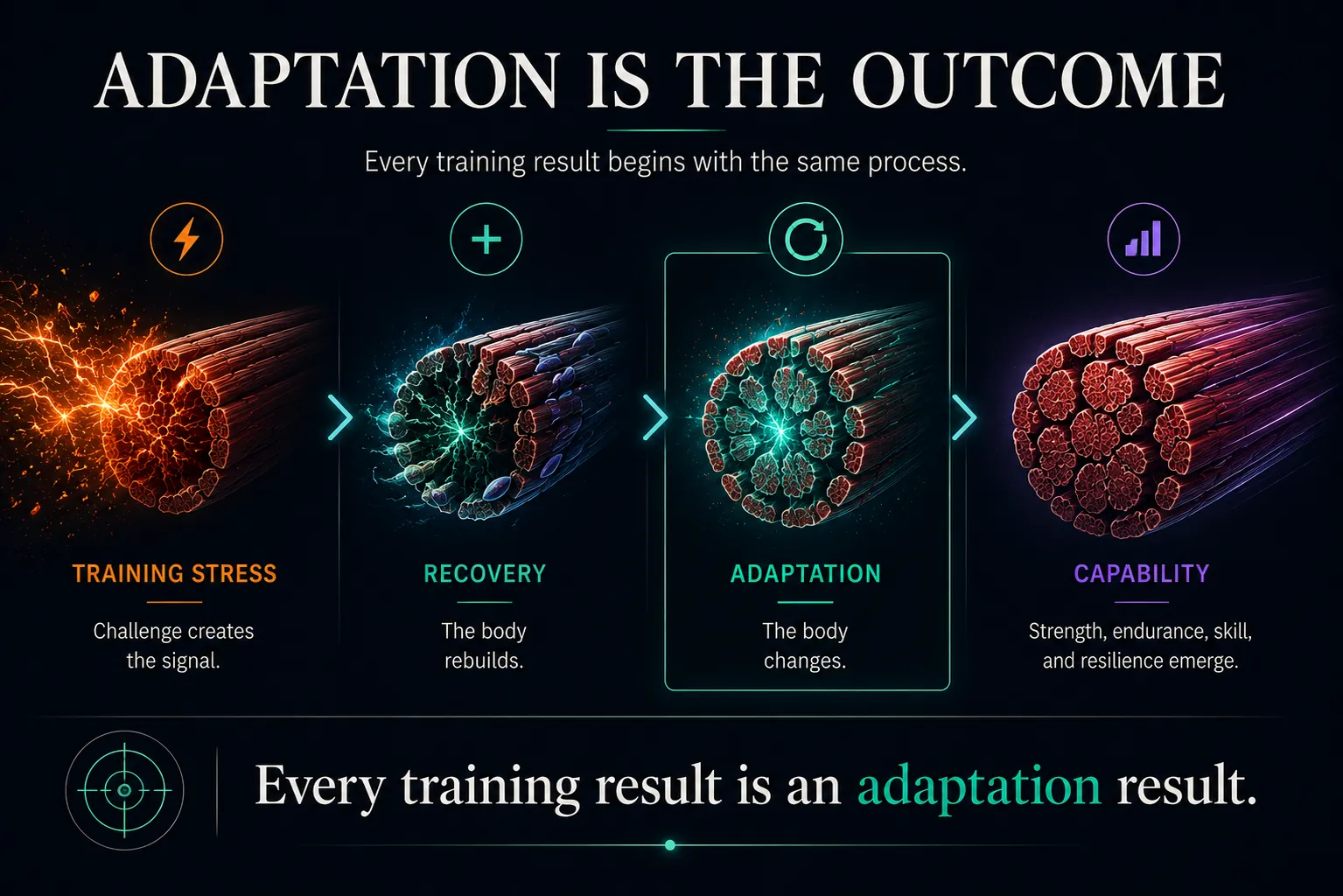 Adaptation is the outcome: every training result begins with the same process — training stress creates the signal, recovery rebuilds, adaptation changes the body, and capability emerges as strength, endurance, skill, and resilience. Every training result is an adaptation result.