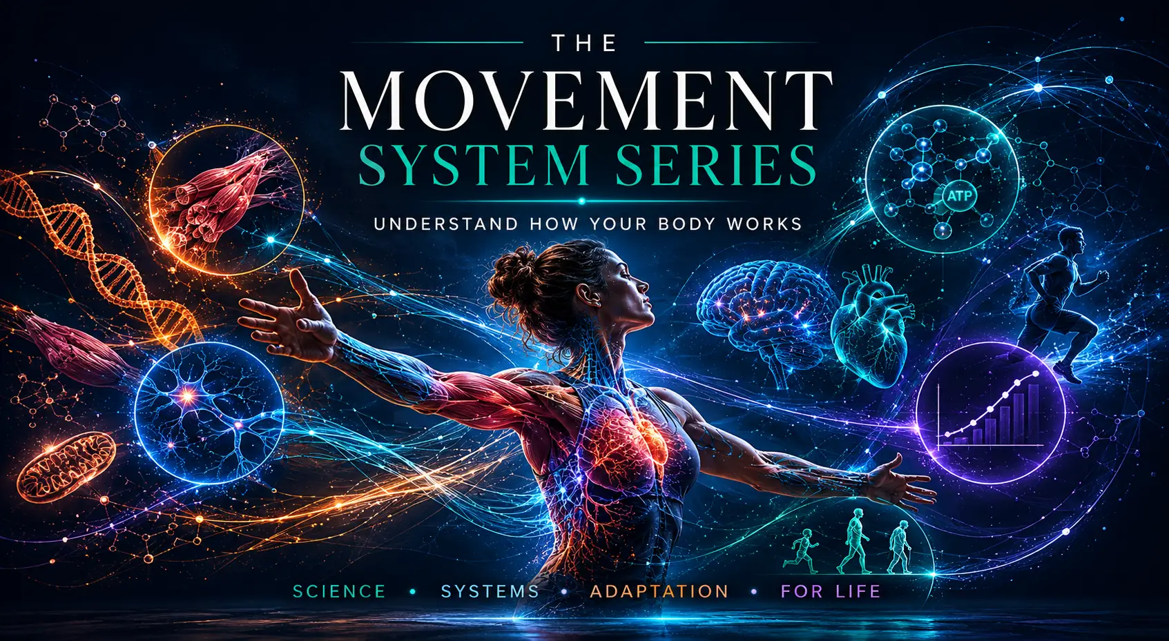 The Movement System Series — a figure surrounded by biological systems representing adaptation, energy, dose, integration, and lifespan training